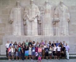The Mediterranean Business Study Abroad group poses in front of the Wall of the Reformers in Geneva, Switzerland. The students were able to see visit many prominent businesses and cultural sites on their trip offered through the Whitmore Global Management Center.